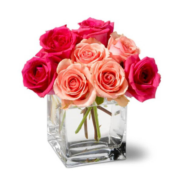 Bunch of Pink & Red Roses in a Glass Vase