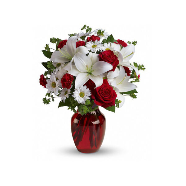 Glass Vase with Red and White Roses